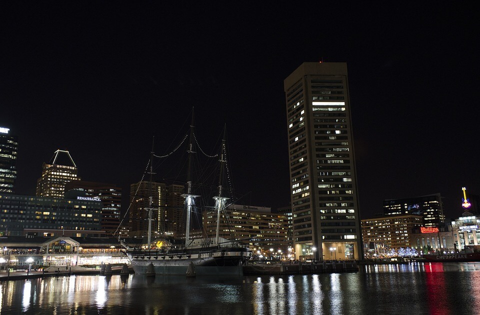 ship in the harbour of Baltimore during night