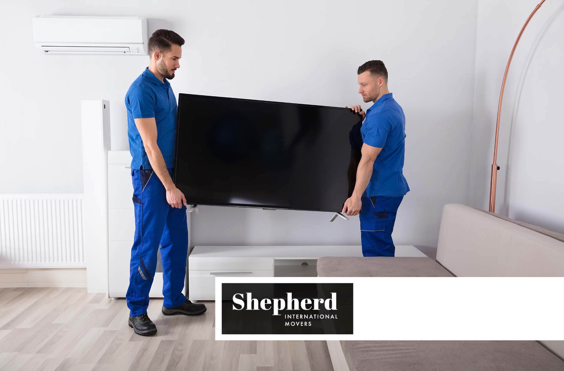 Professional movers with a TV Shepherd International Movers logo