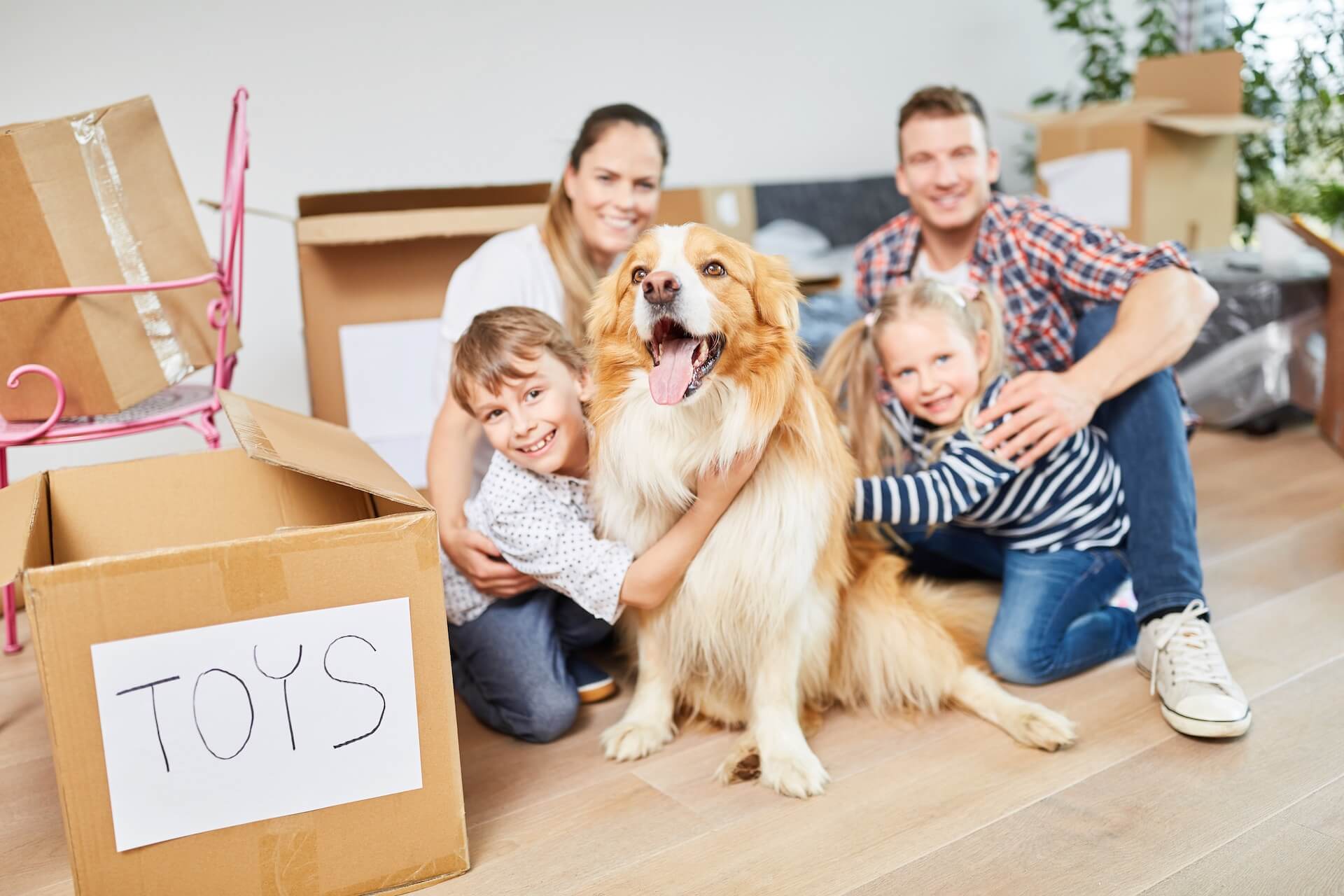 A picture of a family with a dog next to boxes