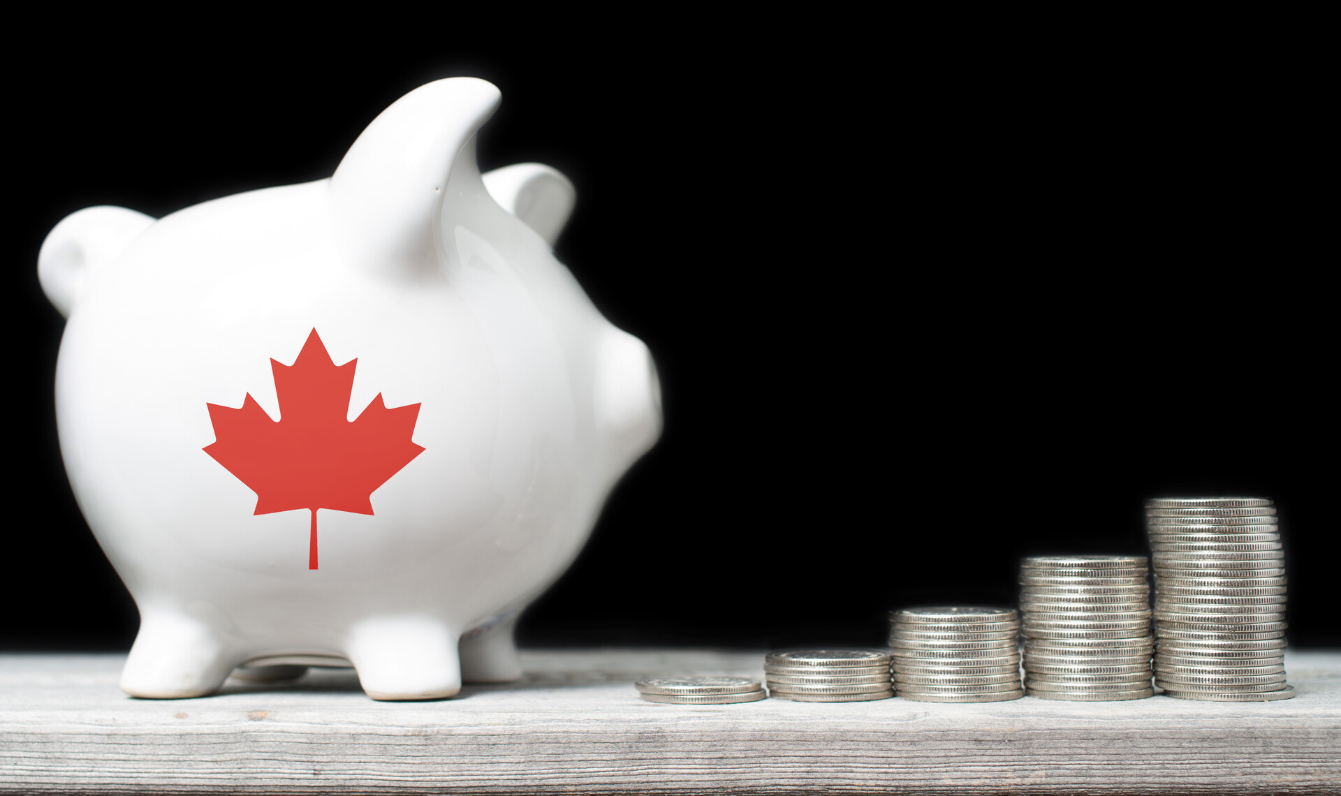 piggy bank with canadian flag and stack of money