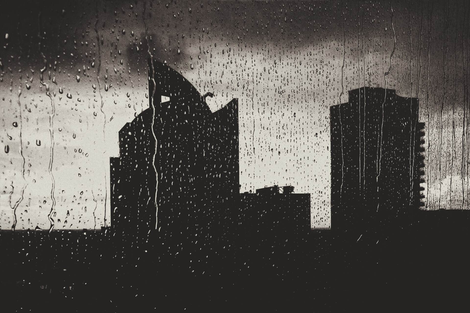A city skyline on a rainy day