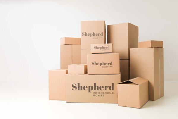 stack of cardboard boxes on white background