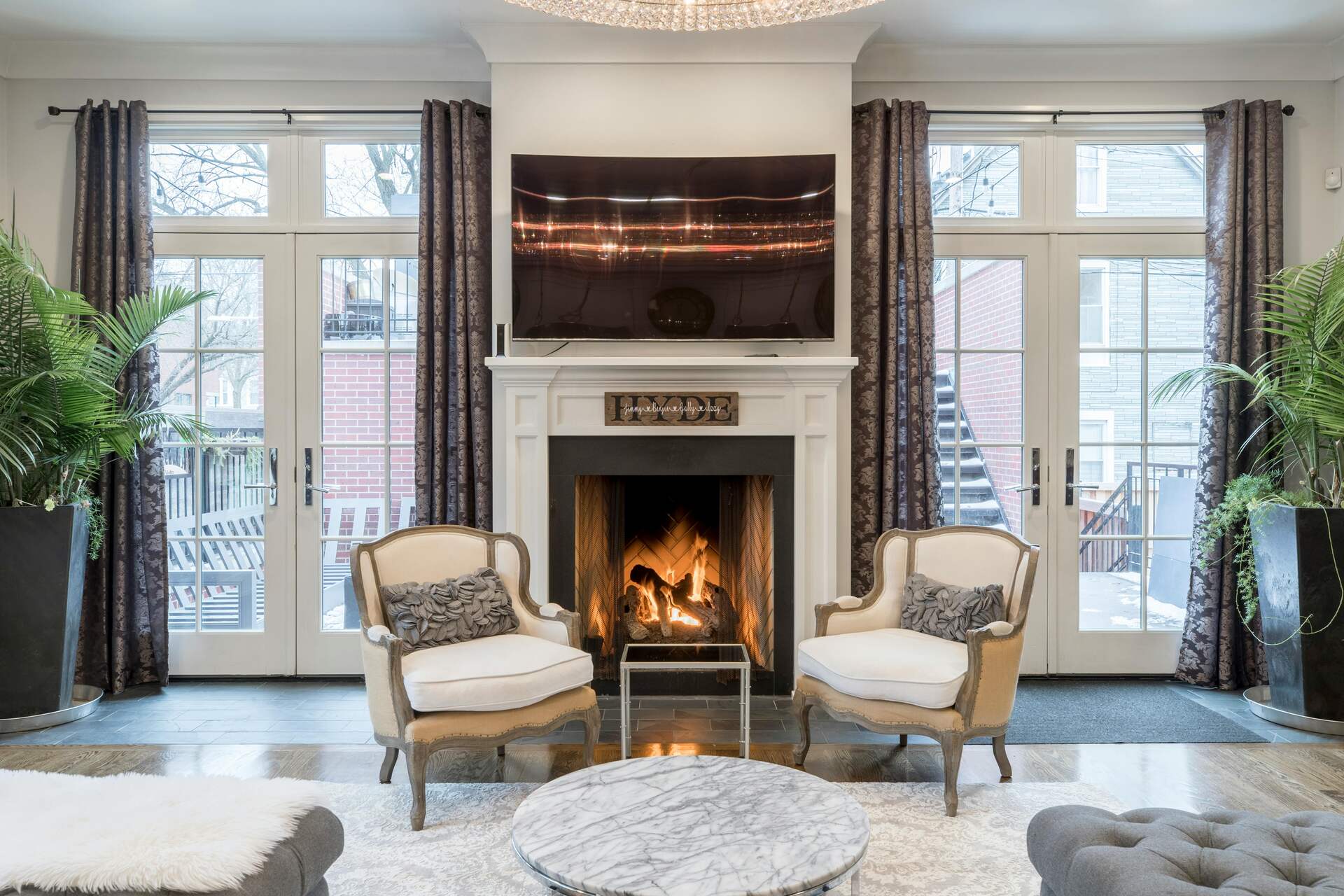 A living room with a fireplace