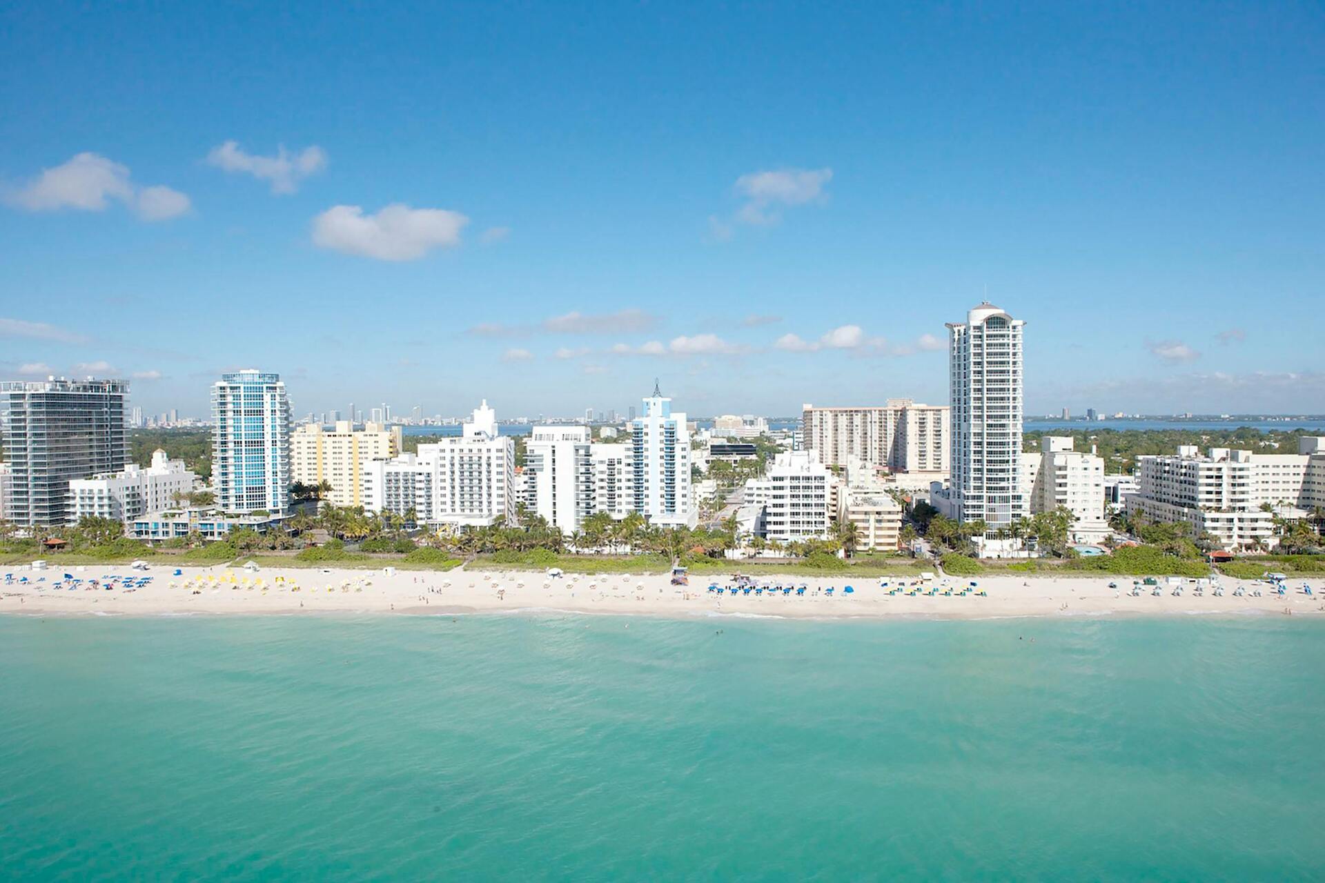Beautiful Miami bayside landscape featuring a bright coastal city skyline.