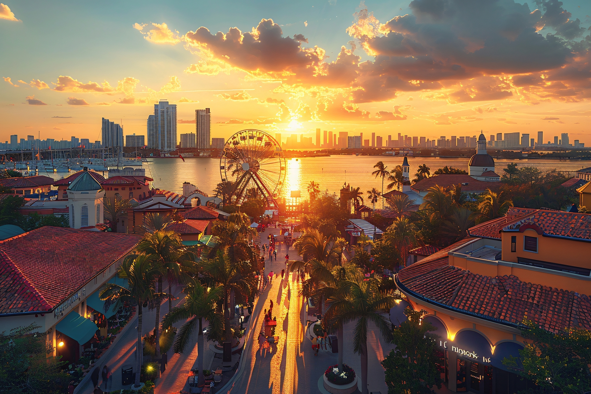 Sunny coastal view of the bustling Miami Bayside Marketplace skyline.