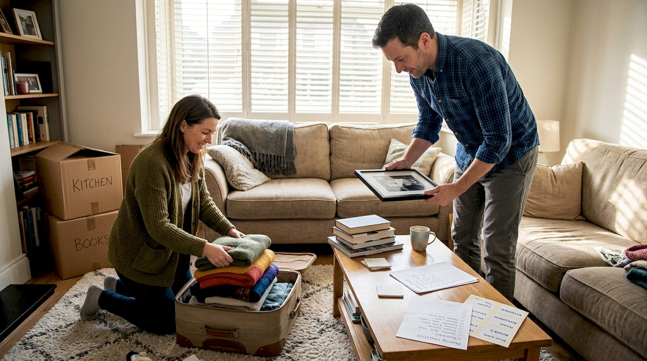 Couple downsizing items for moving abroad