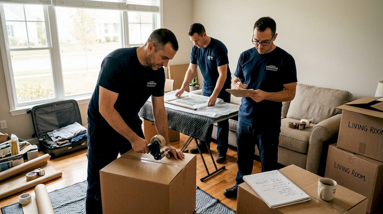 Movers packing boxes in sunlit living room
