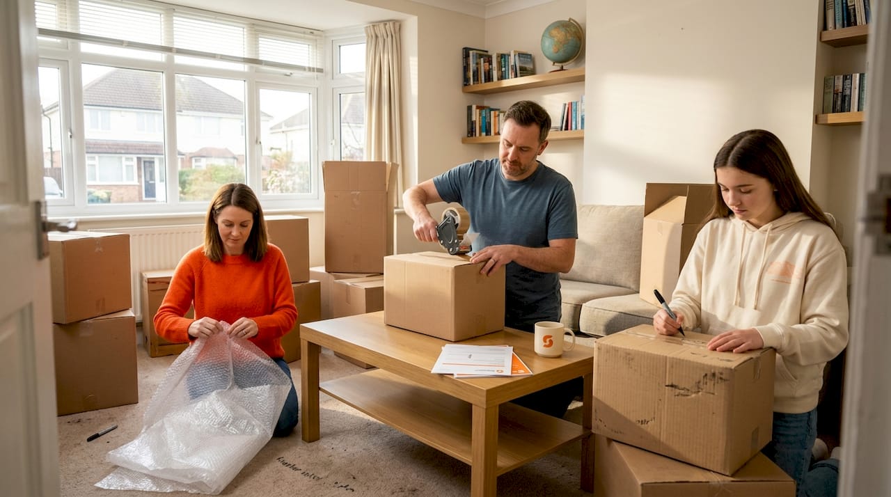 Family packing boxes for international move